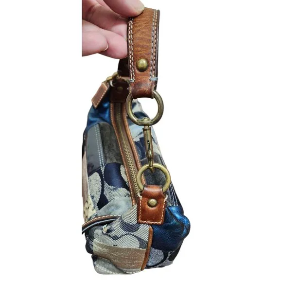 COACH Patchwork Denim Flower Print Accessory Pouch Mini Bag Indigo